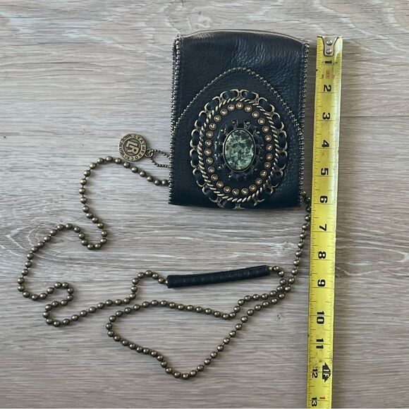 Leatherock LR USA Crossbody Metallic Black Leather Stone Bling Brass Chain - Picture 9 of 16